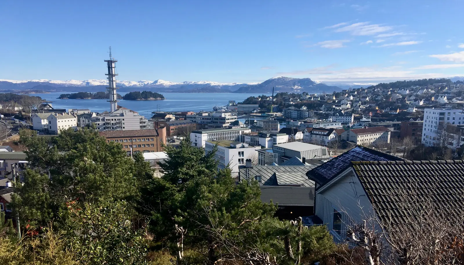 Central Leirvik seen from Lønningsåsen, with the fjord behind